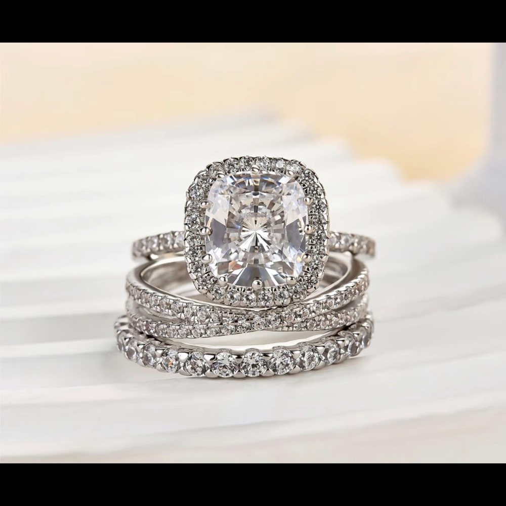 Effinny Sterling Silver 3 pc Bridal set Cushion Cut Halo